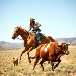 An exciting scene featuring a cowboy clad in classic Western gear, including a rugged hat and boots, energetically riding a powerful horse