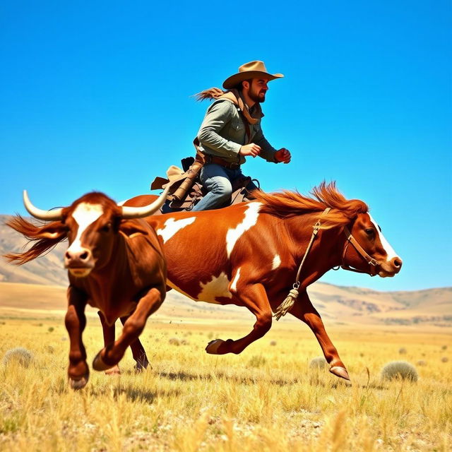 An exciting scene featuring a cowboy clad in classic Western gear, including a rugged hat and boots, energetically riding a powerful horse