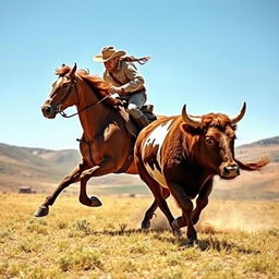 An exciting scene featuring a cowboy clad in classic Western gear, including a rugged hat and boots, energetically riding a powerful horse