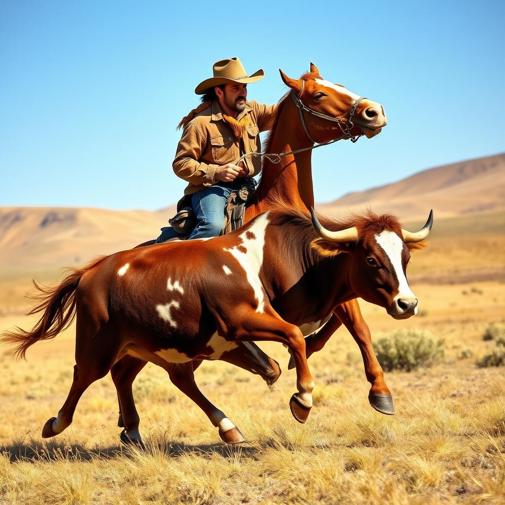 An exciting scene featuring a cowboy clad in classic Western gear, including a rugged hat and boots, energetically riding a powerful horse