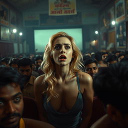 A terrified blonde woman with a nude appearance, depicted in a crowded and inexpensive cinema hall filled with Indian men