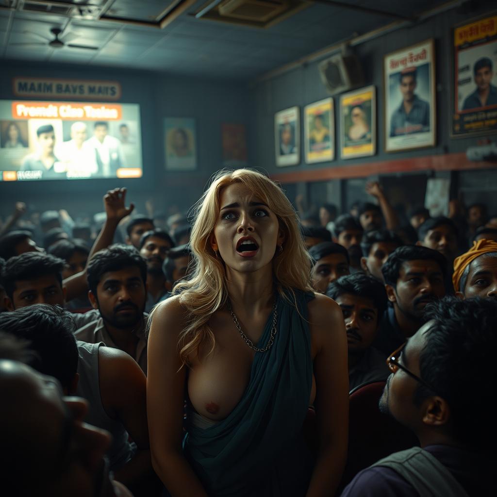 A terrified blonde woman with a nude appearance, depicted in a crowded and inexpensive cinema hall filled with Indian men