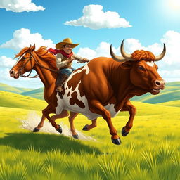 An energetic scene illustrating a cowboy dressed in classic Western gear, including a straw cowboy hat and rugged boots, riding a powerful chestnut horse at full gallop