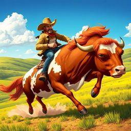 An energetic scene illustrating a cowboy dressed in classic Western gear, including a straw cowboy hat and rugged boots, riding a powerful chestnut horse at full gallop