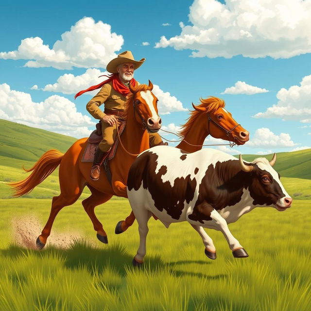 An energetic scene illustrating a cowboy dressed in classic Western gear, including a straw cowboy hat and rugged boots, riding a powerful chestnut horse at full gallop