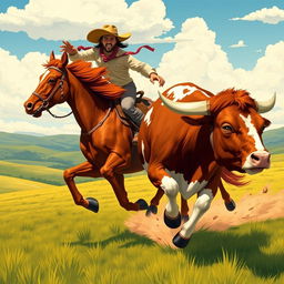 An energetic scene illustrating a cowboy dressed in classic Western gear, including a straw cowboy hat and rugged boots, riding a powerful chestnut horse at full gallop