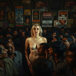 A terrified blonde woman depicted with a nude appearance, situated in a crowded, inexpensive cinema hall filled with Indian men