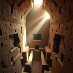 A detailed interior view of the Great Pyramid of Giza, showcasing the grand and intricate layout with large stone blocks, narrow passageways, and ancient hieroglyphics on the walls