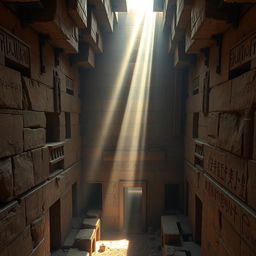A detailed interior view of the Great Pyramid of Giza, showcasing the grand and intricate layout with large stone blocks, narrow passageways, and ancient hieroglyphics on the walls