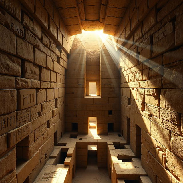 A detailed interior view of the Great Pyramid of Giza, showcasing the grand and intricate layout with large stone blocks, narrow passageways, and ancient hieroglyphics on the walls