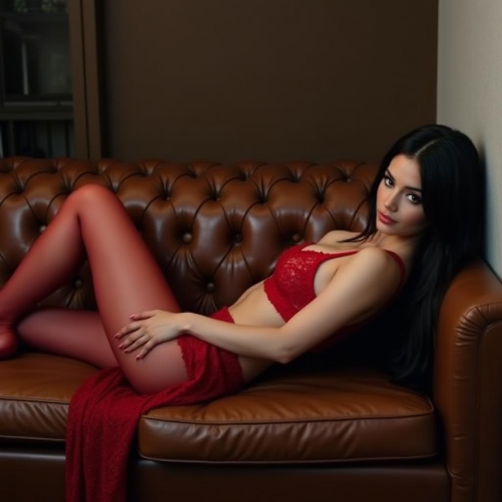 A petite woman with long, black hair reclining elegantly on a sleek leather couch, dressed in sheer red stockings and a matching lace bra