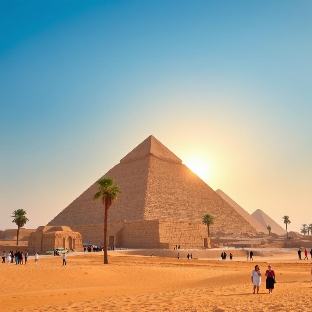 A stunning view of the Pyramids of Egypt under a clear blue sky, showcasing the grandeur of the Great Pyramid of Giza in the foreground with the other pyramids in the distance