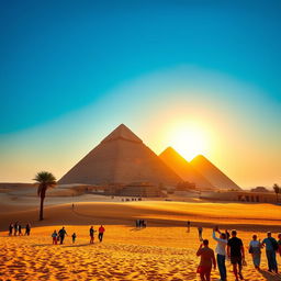 A stunning view of the Pyramids of Egypt under a clear blue sky, showcasing the grandeur of the Great Pyramid of Giza in the foreground with the other pyramids in the distance