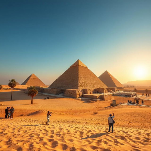 A stunning view of the Pyramids of Egypt under a clear blue sky, showcasing the grandeur of the Great Pyramid of Giza in the foreground with the other pyramids in the distance