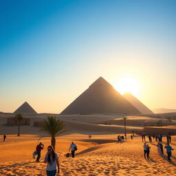 A stunning view of the Pyramids of Egypt under a clear blue sky, showcasing the grandeur of the Great Pyramid of Giza in the foreground with the other pyramids in the distance