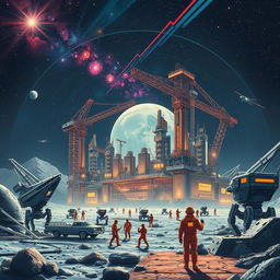 A retro-futuristic sci-fi illustration showing robots and humans actively collaborating to construct an enormous lunar city beneath a protective dome