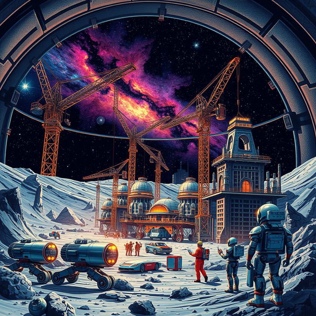 A retro-futuristic sci-fi illustration showing robots and humans actively collaborating to construct an enormous lunar city beneath a protective dome