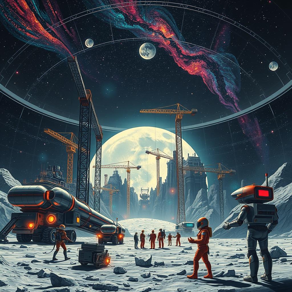 A retro-futuristic sci-fi illustration showing robots and humans actively collaborating to construct an enormous lunar city beneath a protective dome