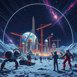 A retro-futuristic sci-fi illustration showing robots and humans actively collaborating to construct an enormous lunar city beneath a protective dome