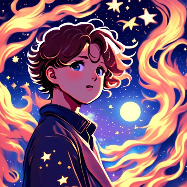 Anime profile picture inspired by Van Gogh's 'Starry Night', featuring an anime character under a swirling starry sky.