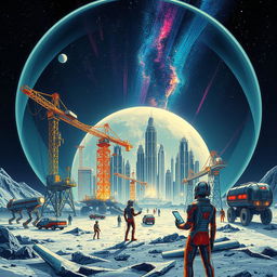 A retro-futuristic sci-fi illustration depicting a vibrant scene where robots and humans are collaboratively building a monumental lunar city beneath a protective dome
