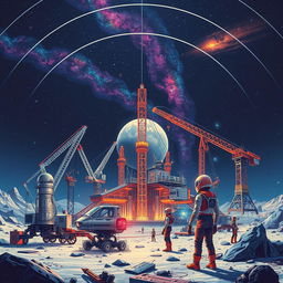 A retro-futuristic sci-fi illustration depicting a vibrant scene where robots and humans are collaboratively building a monumental lunar city beneath a protective dome