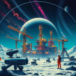 A retro-futuristic sci-fi illustration depicting a vibrant scene where robots and humans are collaboratively building a monumental lunar city beneath a protective dome