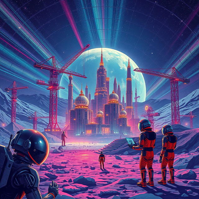 A retro-futuristic sci-fi illustration depicting a vibrant scene where robots and humans are collaboratively building a monumental lunar city beneath a protective dome