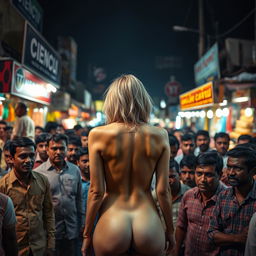 A terrified blonde woman depicted in a nude appearance, with her backside prominently featured, surrounded by a dense crowd of Indian men outside a cheap Indian market at night