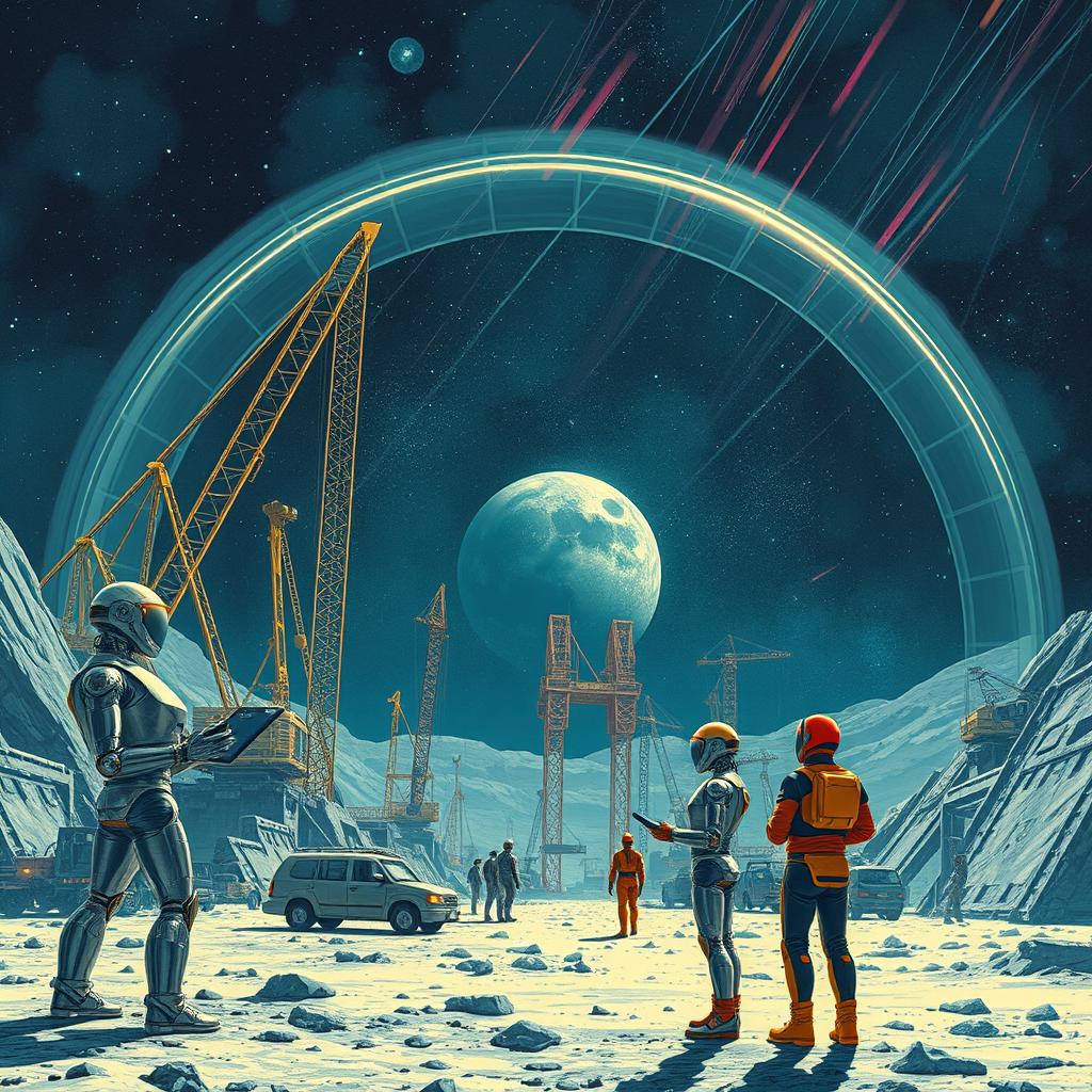 A retro-futuristic sci-fi illustration depicting a scene where robots and humans are united in building a vast lunar city under a protective dome