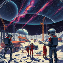 A retro-futuristic sci-fi illustration depicting a scene where robots and humans are united in building a vast lunar city under a protective dome