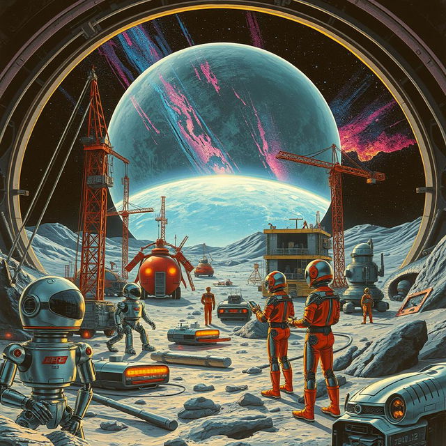 A retro-futuristic sci-fi illustration depicting a scene where robots and humans are united in building a vast lunar city under a protective dome