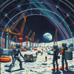 A retro-futuristic sci-fi illustration depicting a scene where robots and humans are united in building a vast lunar city under a protective dome