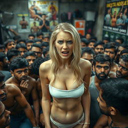A terrified blonde woman wearing a strapless bikini, depicting a sense of fear, surrounded by a dense crowd of male Indian gym-goers in a low-cost gym setting