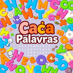 A colorful and engaging cover design for a word search puzzle book, featuring an assortment of vibrant letters randomly scattered throughout the background