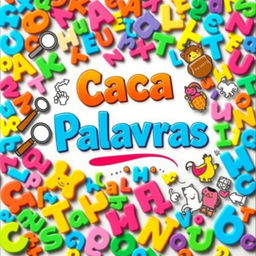 A colorful and engaging cover design for a word search puzzle book, featuring an assortment of vibrant letters randomly scattered throughout the background