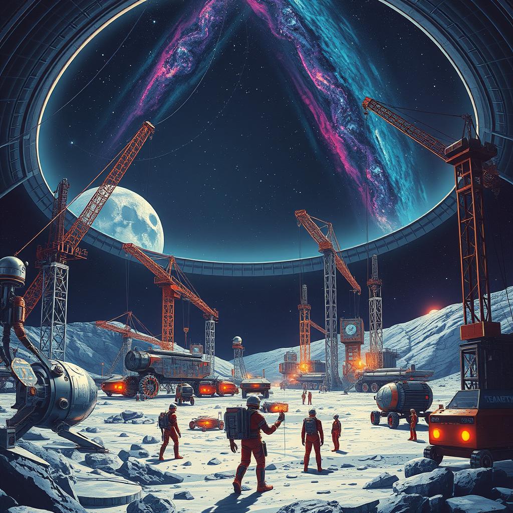 A retro-futuristic sci-fi illustration portraying a dynamic scene of robots and humans collaborating to construct an expansive lunar city beneath a protective dome