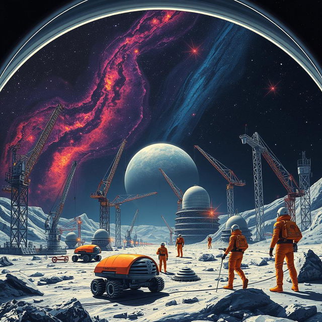 A retro-futuristic sci-fi illustration portraying a dynamic scene of robots and humans collaborating to construct an expansive lunar city beneath a protective dome