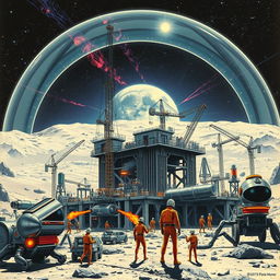 A retro-futuristic sci-fi illustration portraying a dynamic scene of robots and humans collaborating to construct an expansive lunar city beneath a protective dome