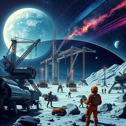 A retro-futuristic sci-fi illustration portraying a dynamic scene of robots and humans collaborating to construct an expansive lunar city beneath a protective dome