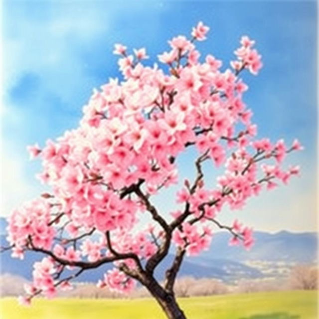 A beautiful watercolor painting of a cherry blossom tree in full bloom, showcasing vibrant pink flowers against a clear blue sky