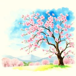 A beautiful watercolor painting of a cherry blossom tree in full bloom, showcasing vibrant pink flowers against a clear blue sky