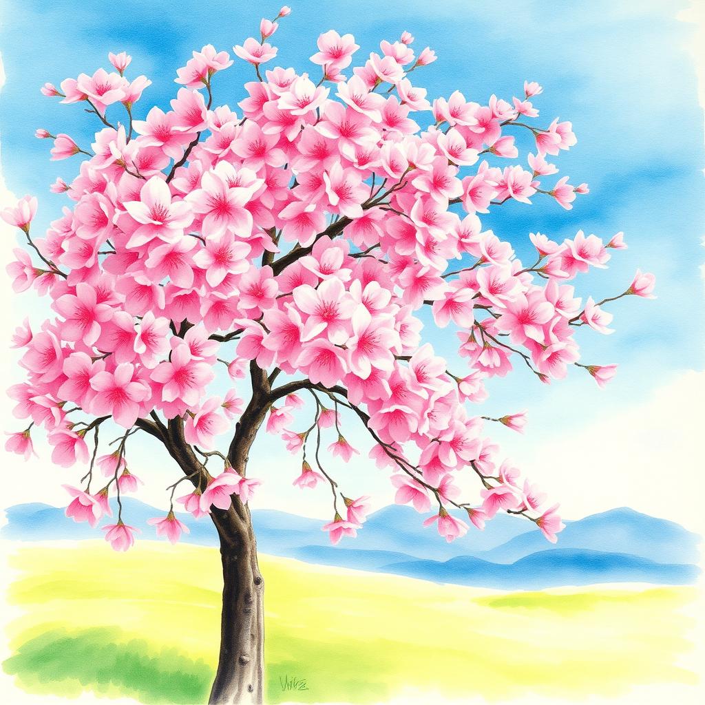 A beautiful watercolor painting of a cherry blossom tree in full bloom, showcasing vibrant pink flowers against a clear blue sky