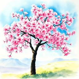 A beautiful watercolor painting of a cherry blossom tree in full bloom, showcasing vibrant pink flowers against a clear blue sky