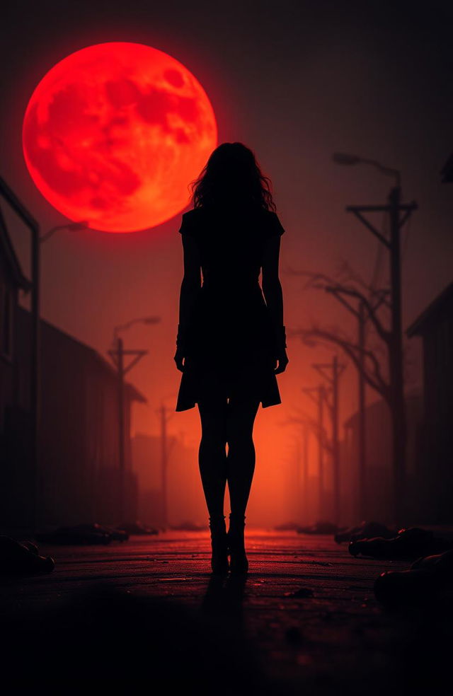 A striking scene in the center featuring a silhouette of a woman resembling Katherine Pierce with her back turned, standing on a dimly lit street