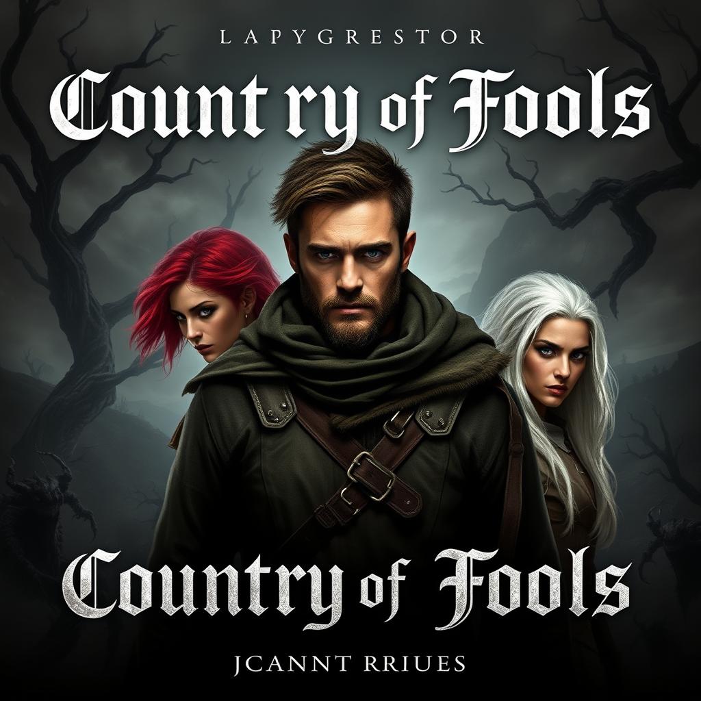 A dark fantasy style book cover design titled 'Country of Fools'