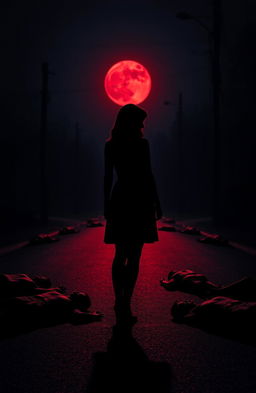 A striking silhouette of a woman resembling Katherine Pierce, positioned in the center of the composition with her back turned