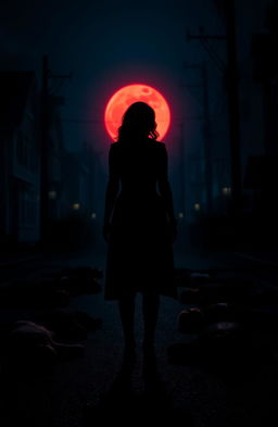 A striking silhouette of a woman resembling Katherine Pierce, positioned in the center of the composition with her back turned