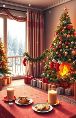 A cozy Christmas scene featuring a beautifully decorated living room with a large Christmas tree adorned with colorful ornaments and twinkling lights