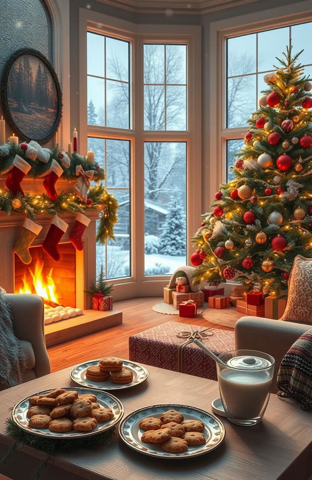 A cozy Christmas scene featuring a beautifully decorated living room with a large Christmas tree adorned with colorful ornaments and twinkling lights